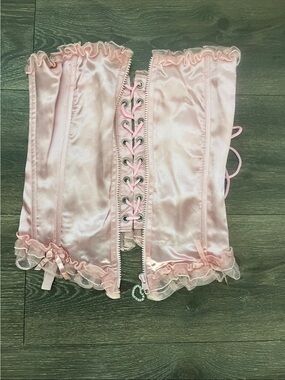 Forplay Halloween Pale Pink Satin Lace-Up Corset Top with Ruffle Trim